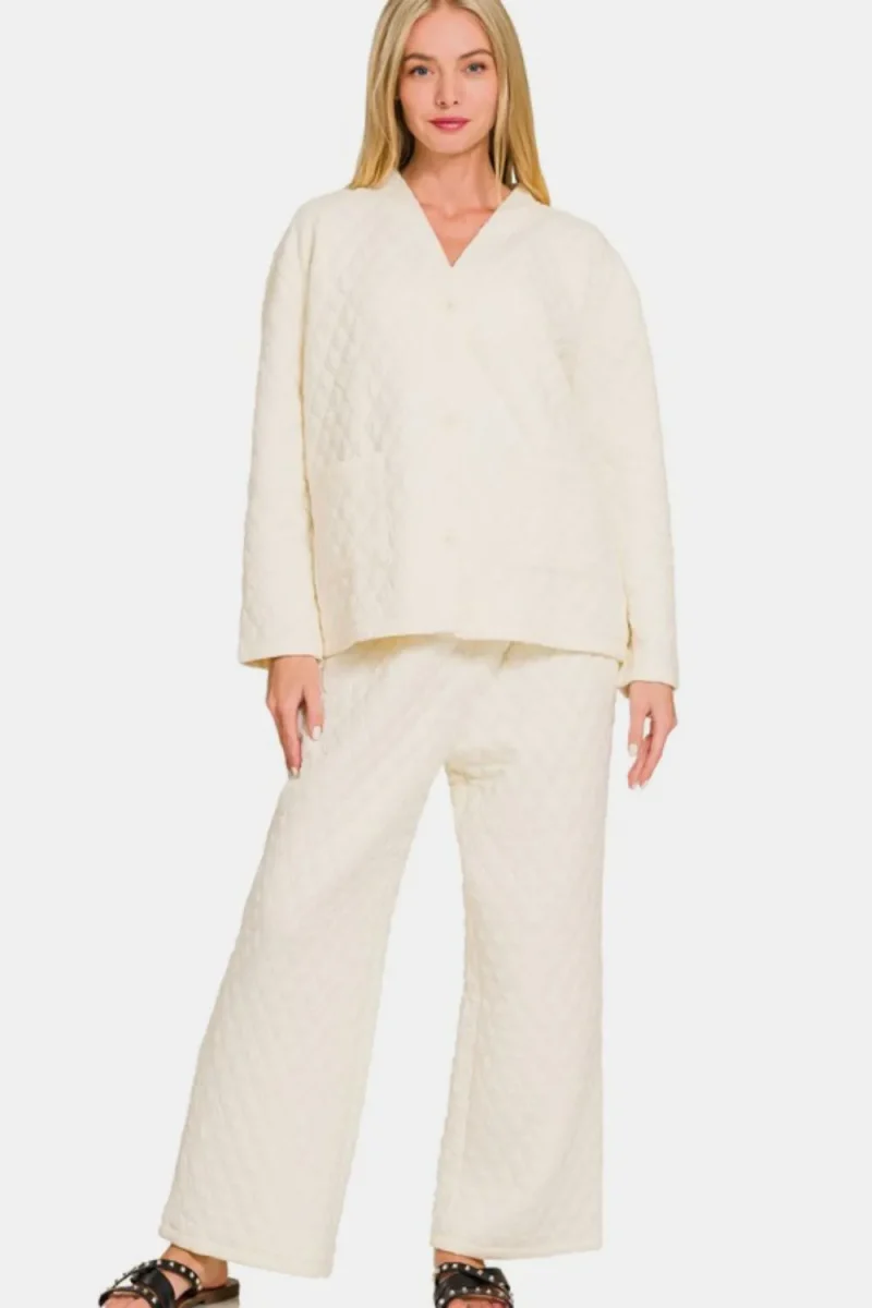 Quilted Button Up Long Sleeve Top and Pants Lounge Set - Cream