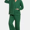 Quilted Button Up Long Sleeve Top and Pants Lounge Set - Dark Green
