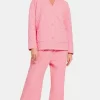 Quilted Button Up Long Sleeve Top and Pants Lounge Set - Dk Pink