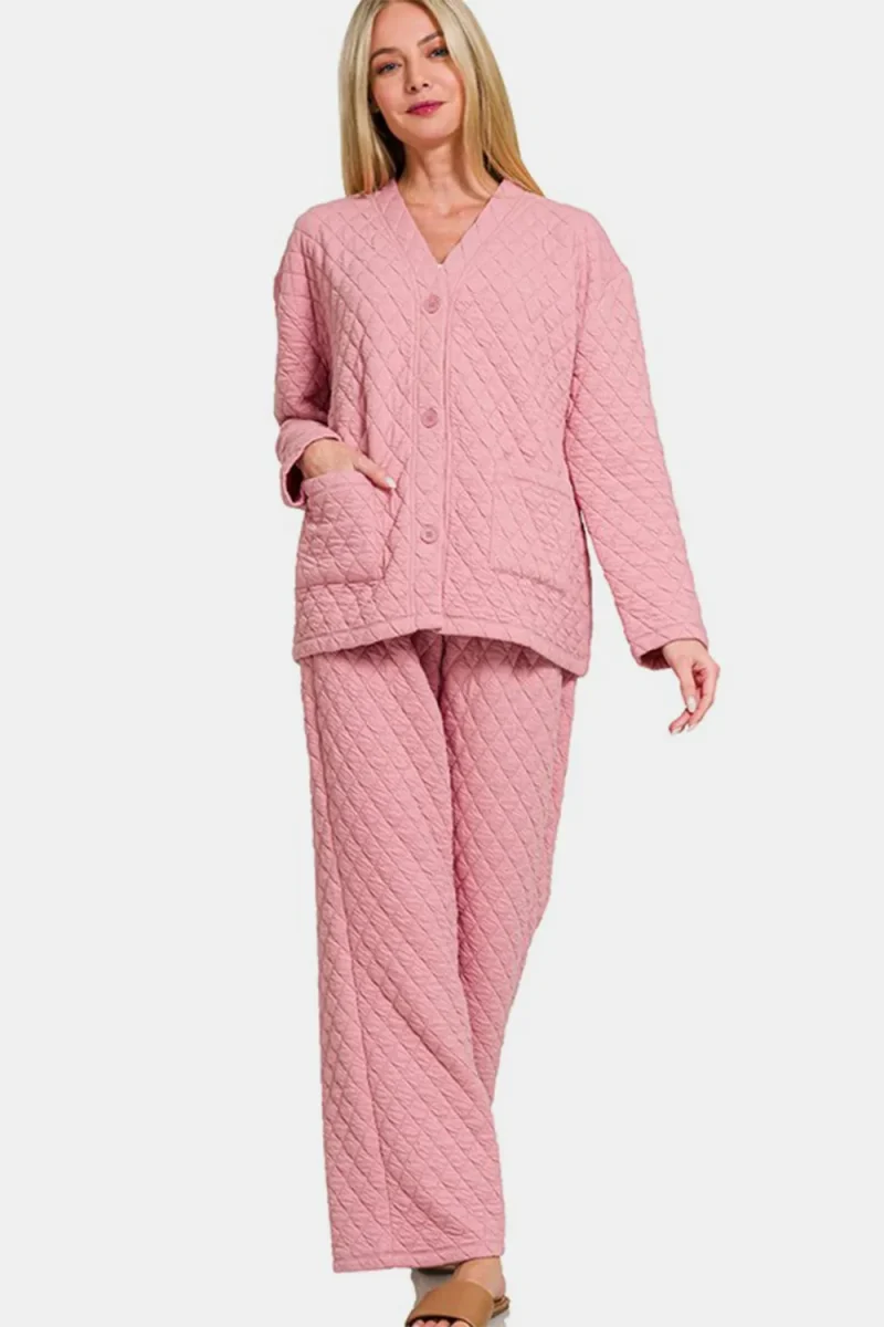 Quilted Button Up Long Sleeve Top and Pants Lounge Set - Dusty Pink