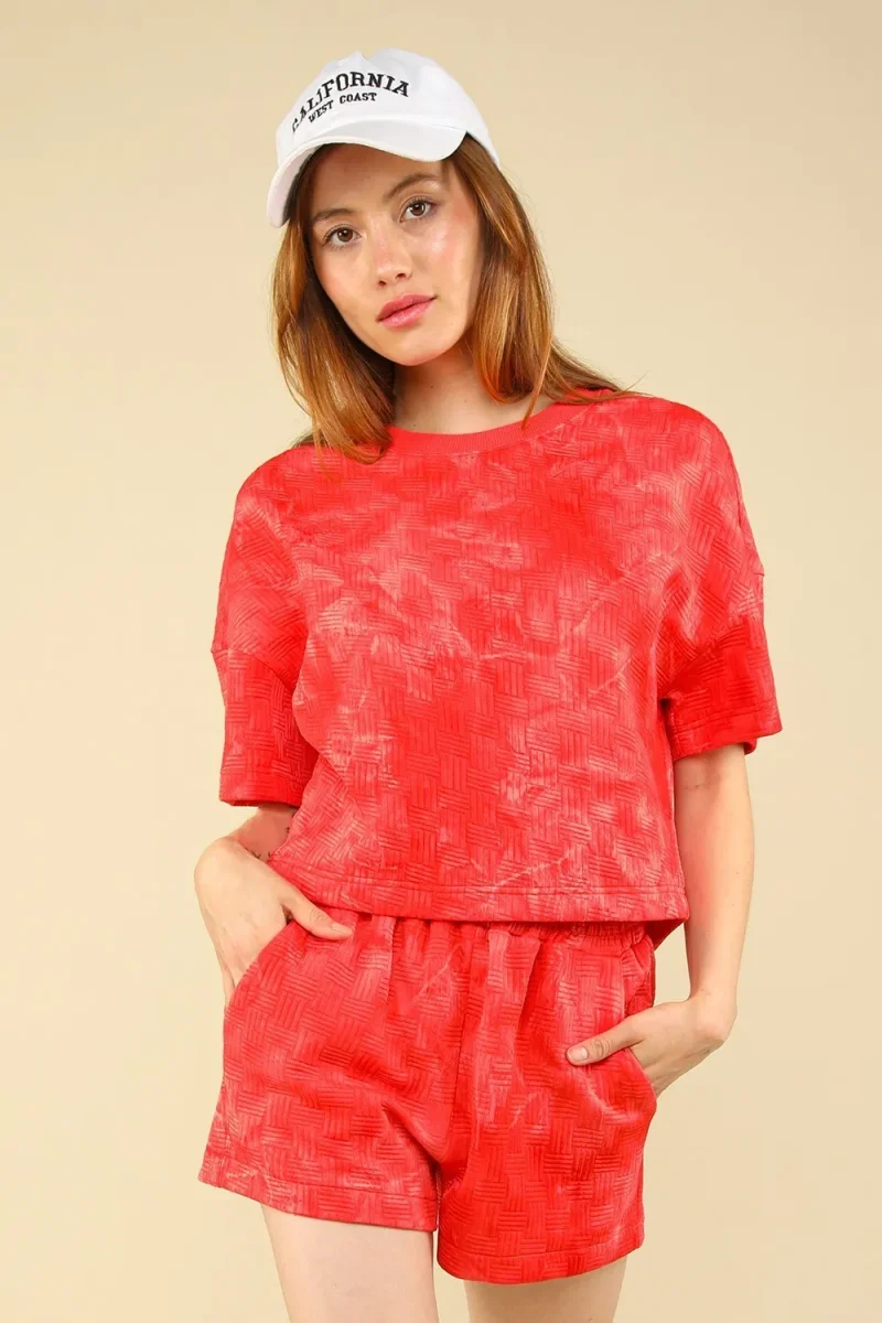 Quilted Washed Crop Top and Shorts Set - Scarlet