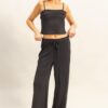 Rib Knit Cami Top and Pants Set - Black