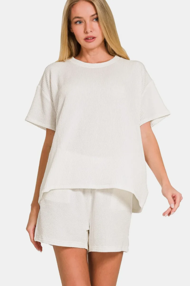 Rib Short Sleeve T-Shirt and Shorts Set - Off White