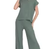 Rolled Sleeve Top and Pants Sweater Set - Ash Jade