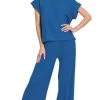 Rolled Sleeve Top and Pants Sweater Set - Classic Blue