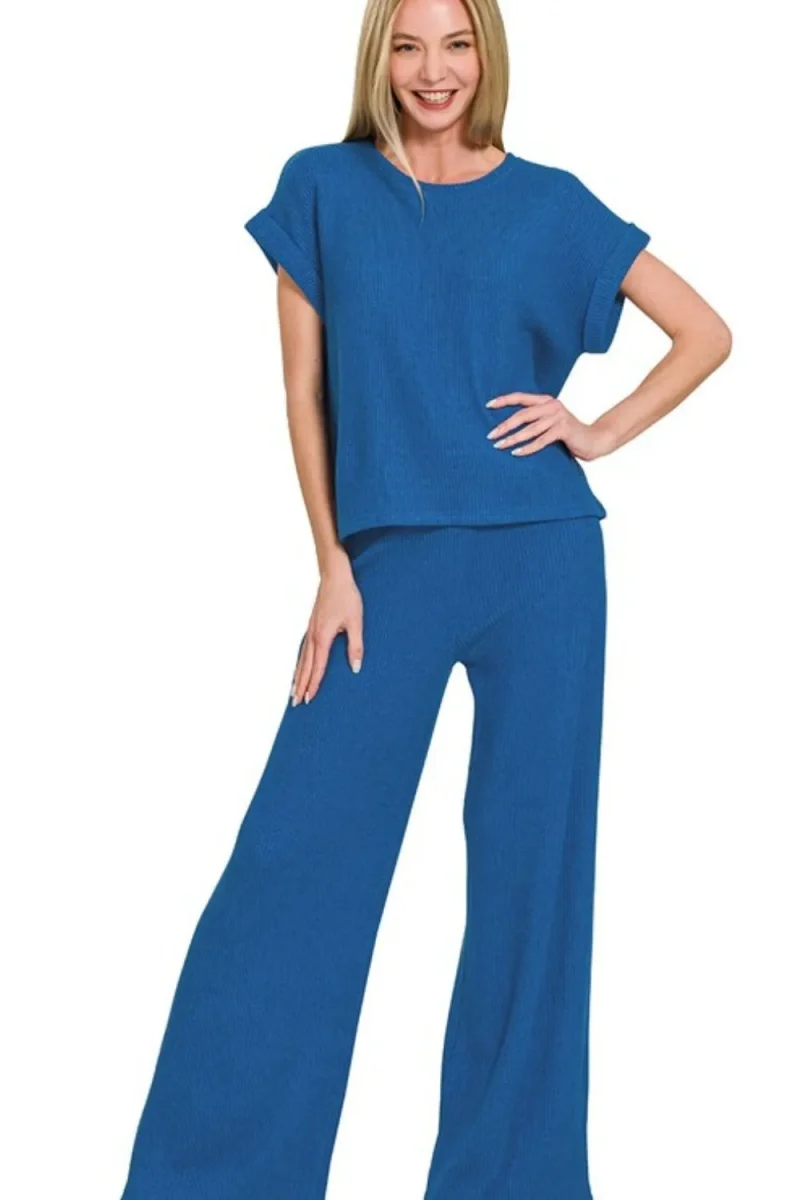 Rolled Sleeve Top and Pants Sweater Set - Classic Blue