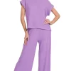 Rolled Sleeve Top and Pants Sweater Set - Lavender
