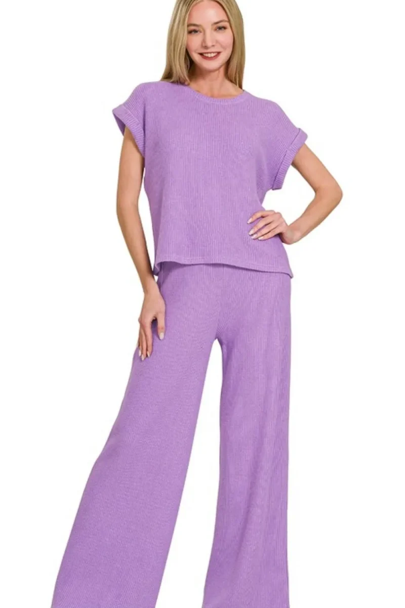 Rolled Sleeve Top and Pants Sweater Set - Lavender