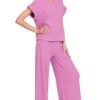 Rolled Sleeve Top and Pants Sweater Set - Mauve