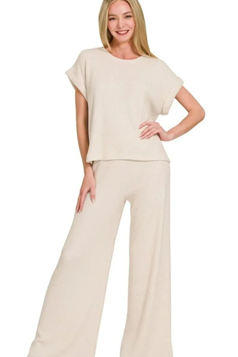 Rolled Sleeve Top and Pants Sweater Set - Sand Beige