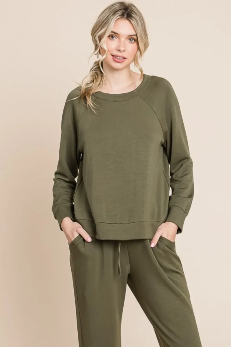 Round Neck Raglan Sleeve Top and Pants Lounge Set - Olive
