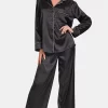 Satin Long Sleeve Shirt and Pants Pajama Set - Black