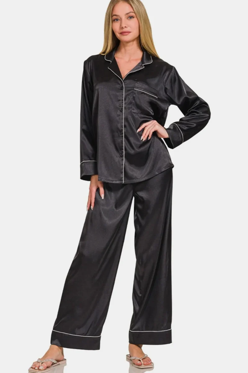 Satin Long Sleeve Shirt and Pants Pajama Set - Black