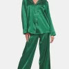 Satin Long Sleeve Shirt and Pants Pajama Set - Hunter Green