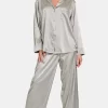 Satin Long Sleeve Shirt and Pants Pajama Set - Silver