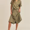 Short Sleeve Top and Button Down Midi Skirt Set - Olive