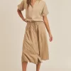 Short Sleeve Top and Button Down Midi Skirt Set - Taupe