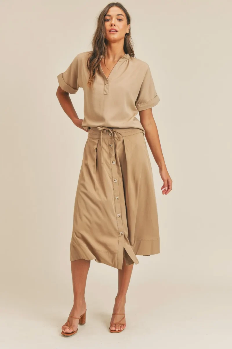 Short Sleeve Top and Button Down Midi Skirt Set - Taupe