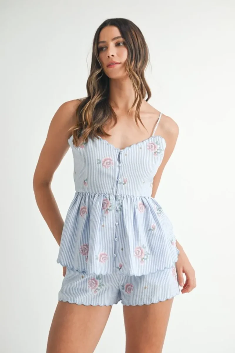 Stripe Embroidered Peplum Cami and Shorts Set - Blue