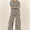 Striped Button Up Shirt and Pants Set - Black