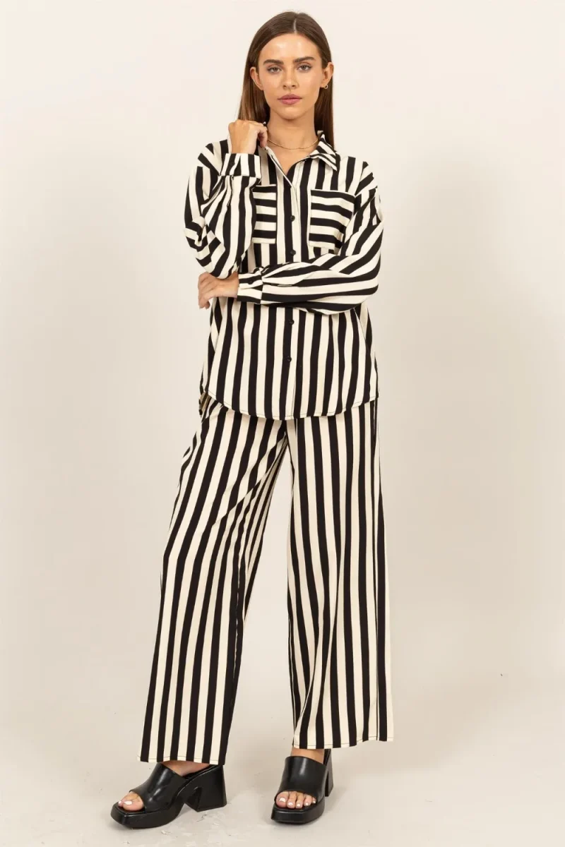 Striped Button Up Shirt and Pants Set - Black
