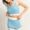Striped Cropped Tank and Shorts Set -    Blue/Cream