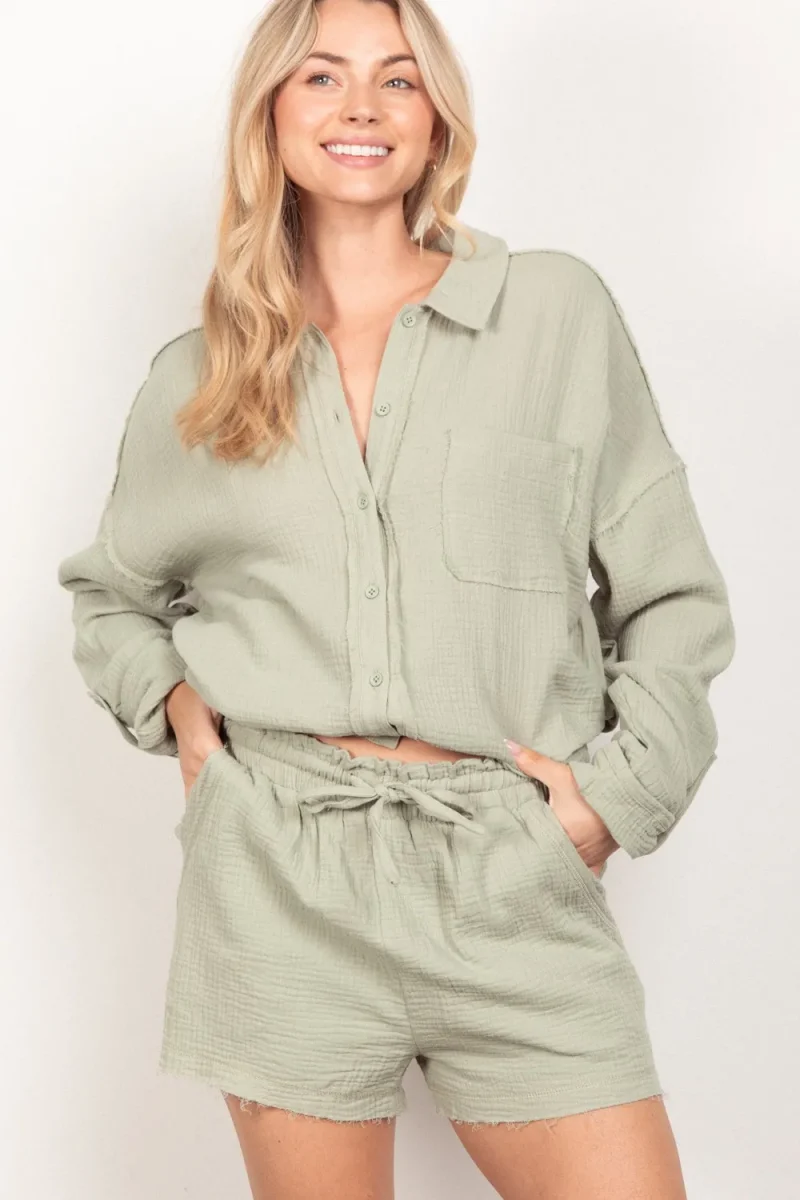Texture Button Up Shirt and Shorts Set - Sage