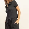 Textured Short Sleeve Top and Drawstring Shorts Knit Set - Black