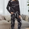 Tie-Dye Round Neck Top and Drawstring Waist Joggers Lounge Set - Black