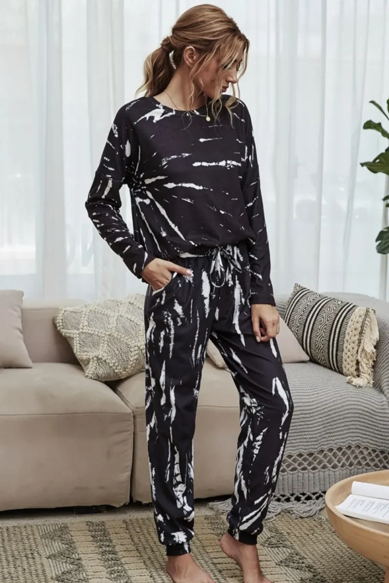 Tie-Dye Round Neck Top and Drawstring Waist Joggers Lounge Set - Black