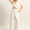 Twisted Front Short Sleeve Top and Wide Leg Pants Set - Off White