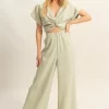 Twisted Front Short Sleeve Top and Wide Leg Pants Set - Sage