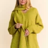 V-Neck Dropped Shoulder Sweater with Scarf - Chartreuse