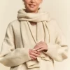 V-Neck Dropped Shoulder Sweater with Scarf - Cream