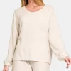 V-Neck Long Sleeve Ribbed Top and Shorts Set - Beige
