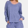 V-Neck Long Sleeve Ribbed Top and Shorts Set - Blue Purple