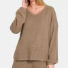 V-Neck Long Sleeve Ribbed Top and Shorts Set - Camel