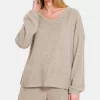 V-Neck Long Sleeve Ribbed Top and Shorts Set - Khaki