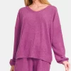 V-Neck Long Sleeve Ribbed Top and Shorts Set - Red-Violet