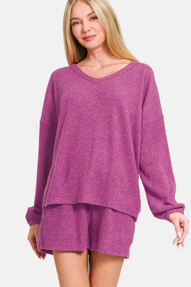 V-Neck Long Sleeve Ribbed Top and Shorts Set - Red-Violet