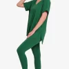 V-Neck Rolled Short Sleeve T-Shirt and Leggings Lounge Set - Dk Green