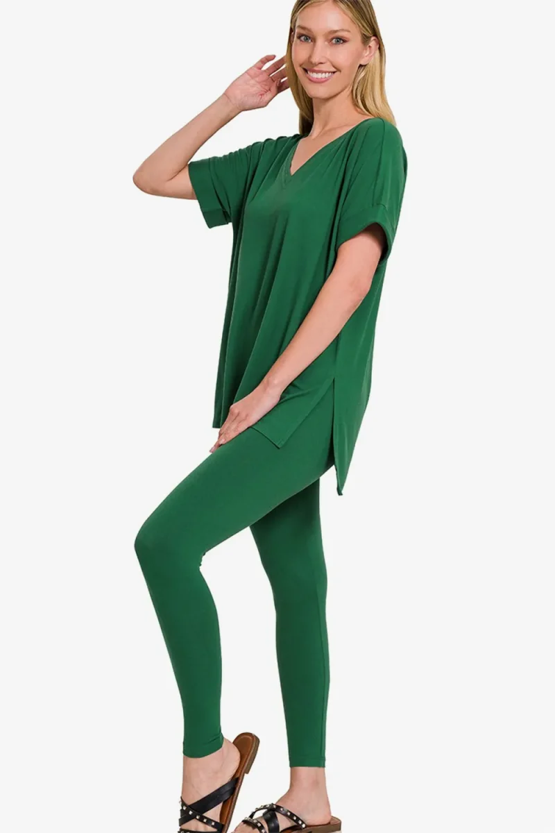 V-Neck Rolled Short Sleeve T-Shirt and Leggings Lounge Set - Dk Green