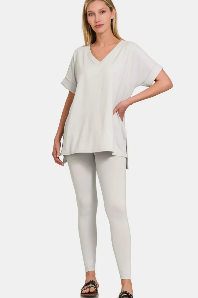 V-Neck Rolled Short Sleeve T-Shirt and Leggings Lounge Set - Lt Cement