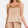 V-Neck Satin Cami and Elastic Waist Shorts Lounge Set - Brush