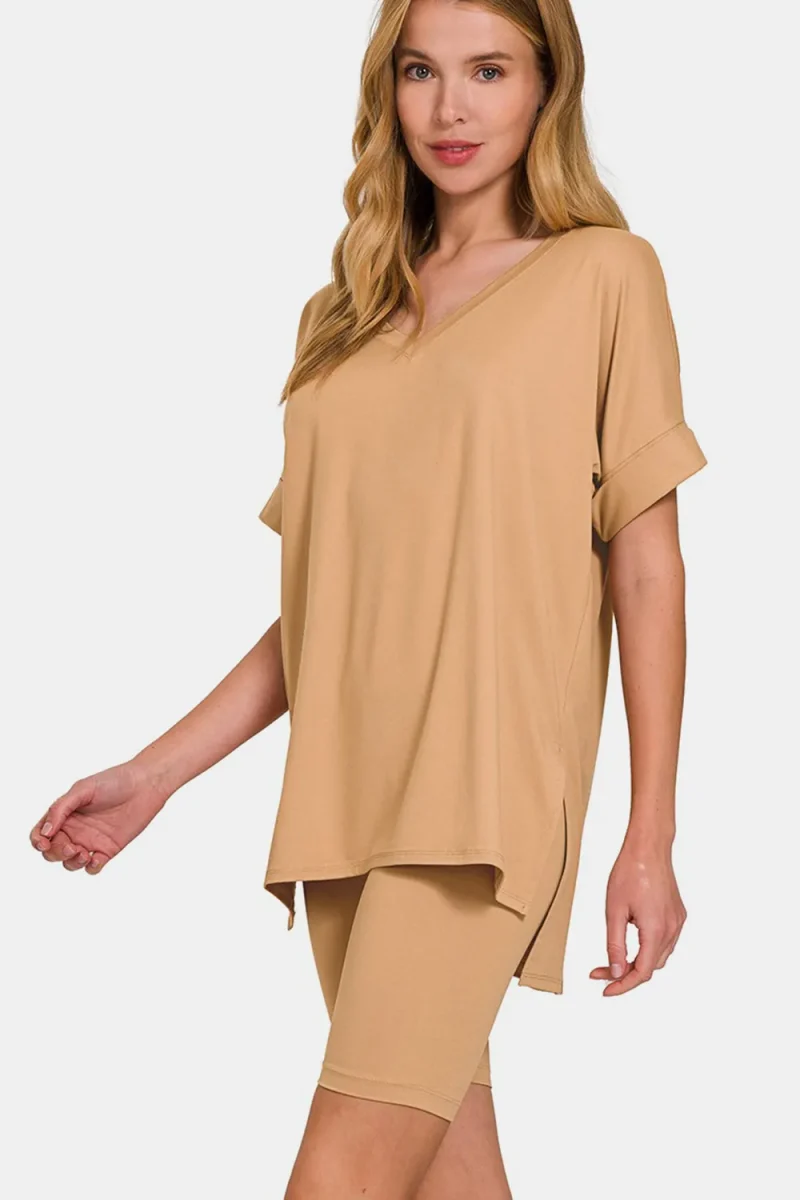 V-Neck Short Sleeve T-Shirt and Biker Shorts Set - Dk Brush