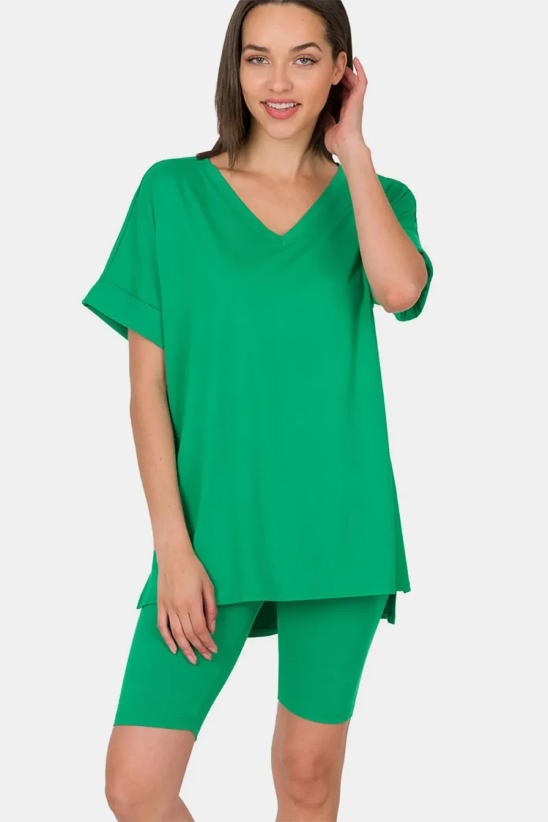 V-Neck Short Sleeve T-Shirt and Biker Shorts Set - Green