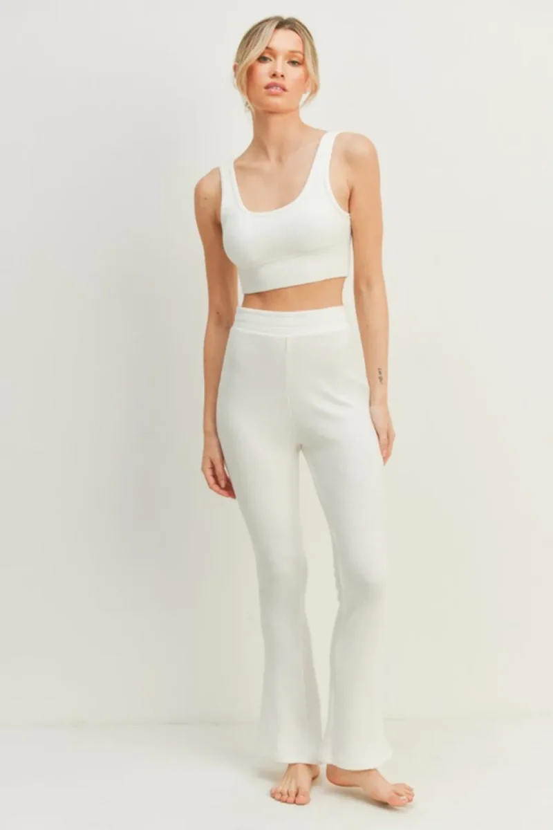 Waffle Tank and High Waist Flare Pants Set - White