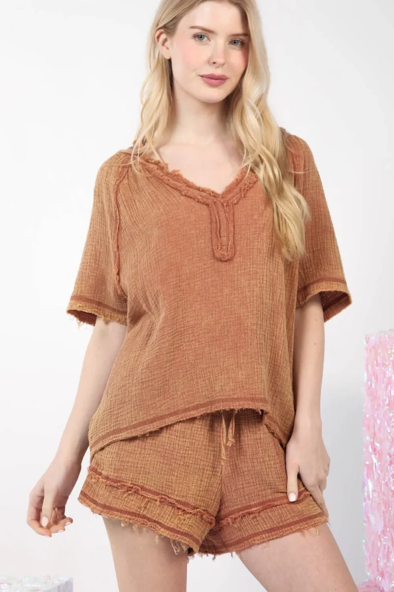 Washed Cotton Crinkle Gauze Top and Shorts Set - Mocha