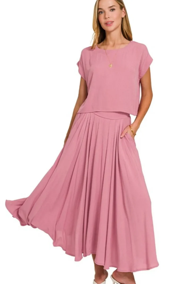 Woven Crinkle Gauze Crop Tee and Skirt Set - Lt Rose