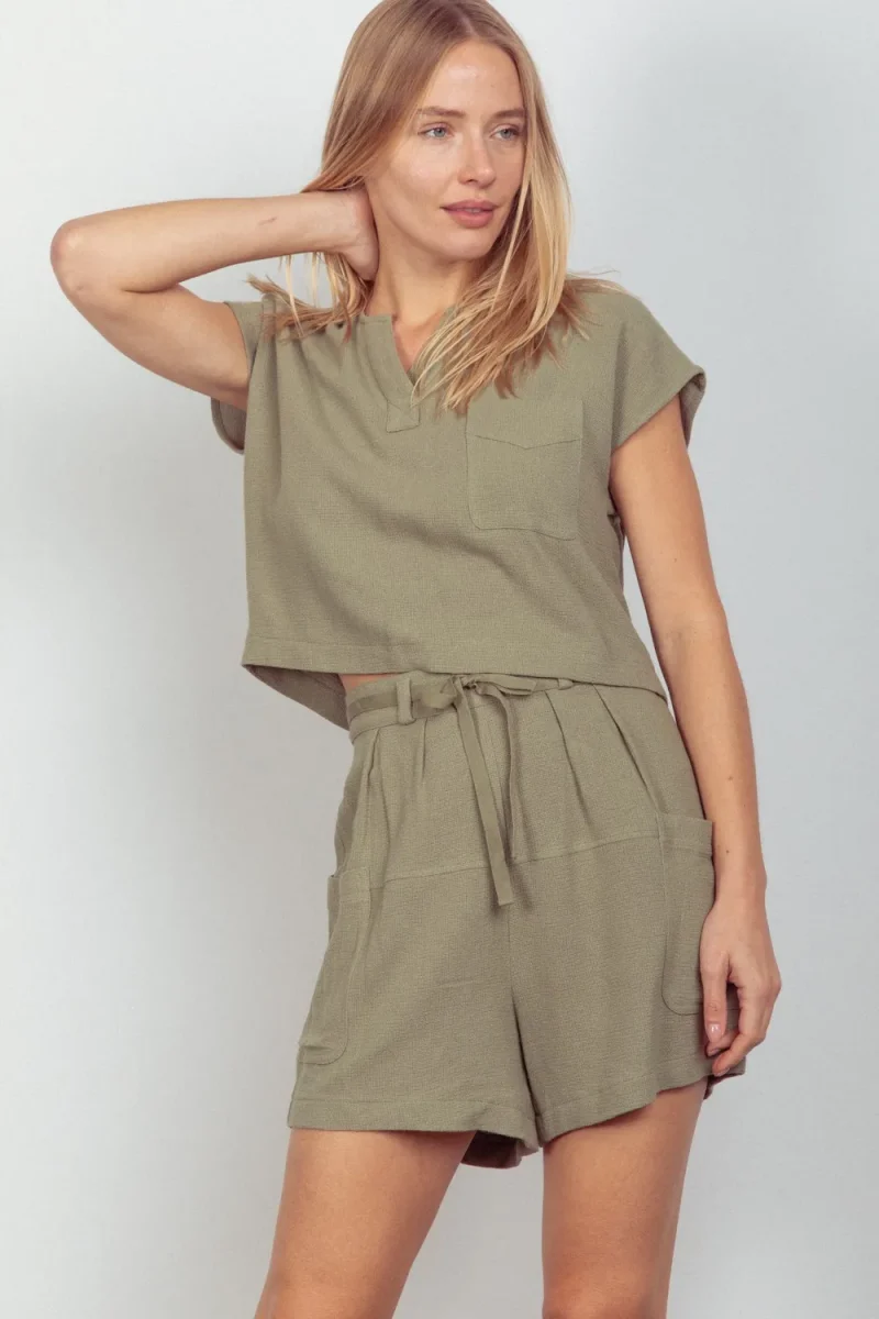 Woven Cropped Top & Waist Tie Shorts Set - Sage